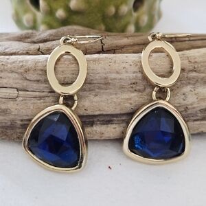 Gold Tone and Blue Trillion Cut Drop Earrings